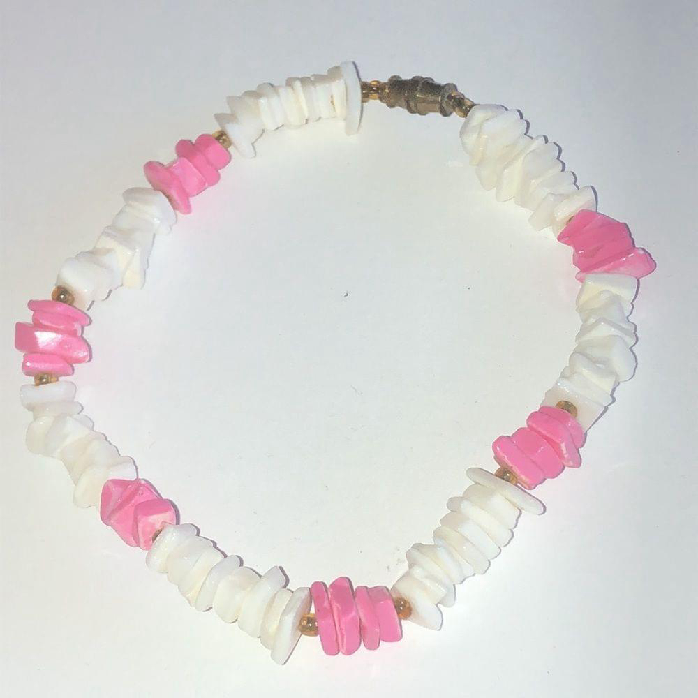 Vintage Boho Pink & White Puka Shell Chips Beaded Ankle Bracelet - Picture 3 of 5